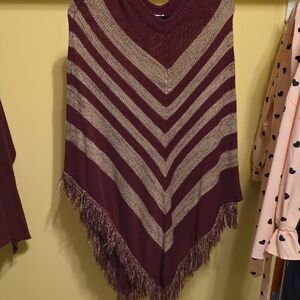Caren Sport Burgundy and Beige Chevron Poncho